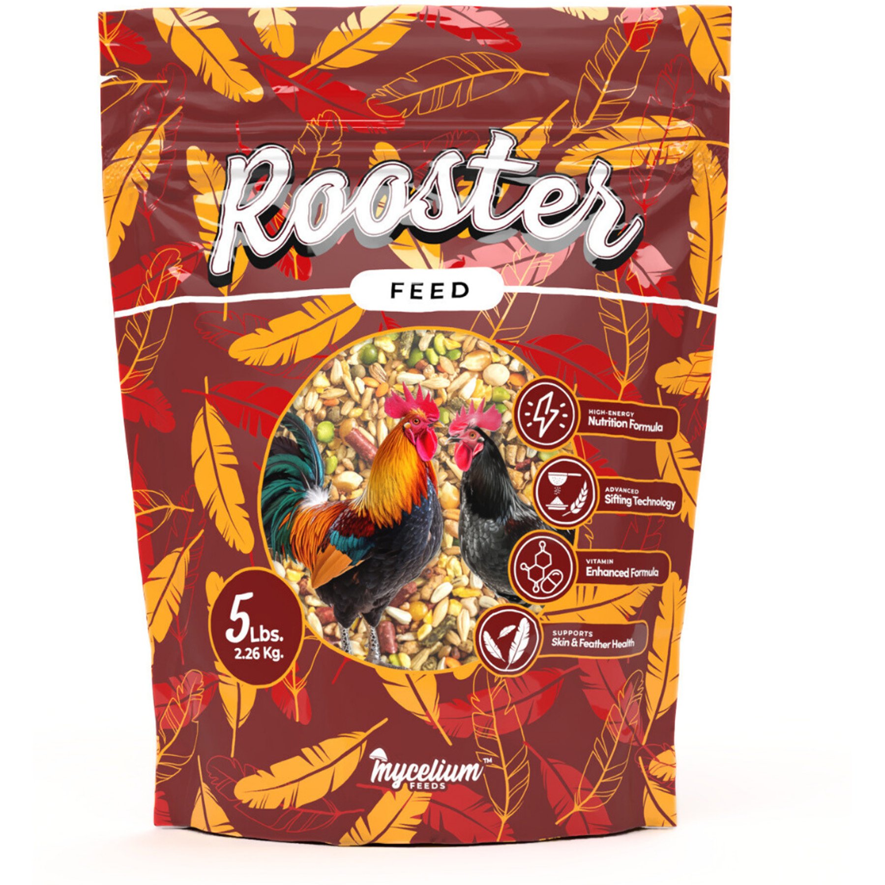 Mycelium Feeds Rooster High-Protein Balanced Poultry Blend with Grains, Legumes & Fish Meal Cracked-Corn Chicken Bird Food, 5-lb bag