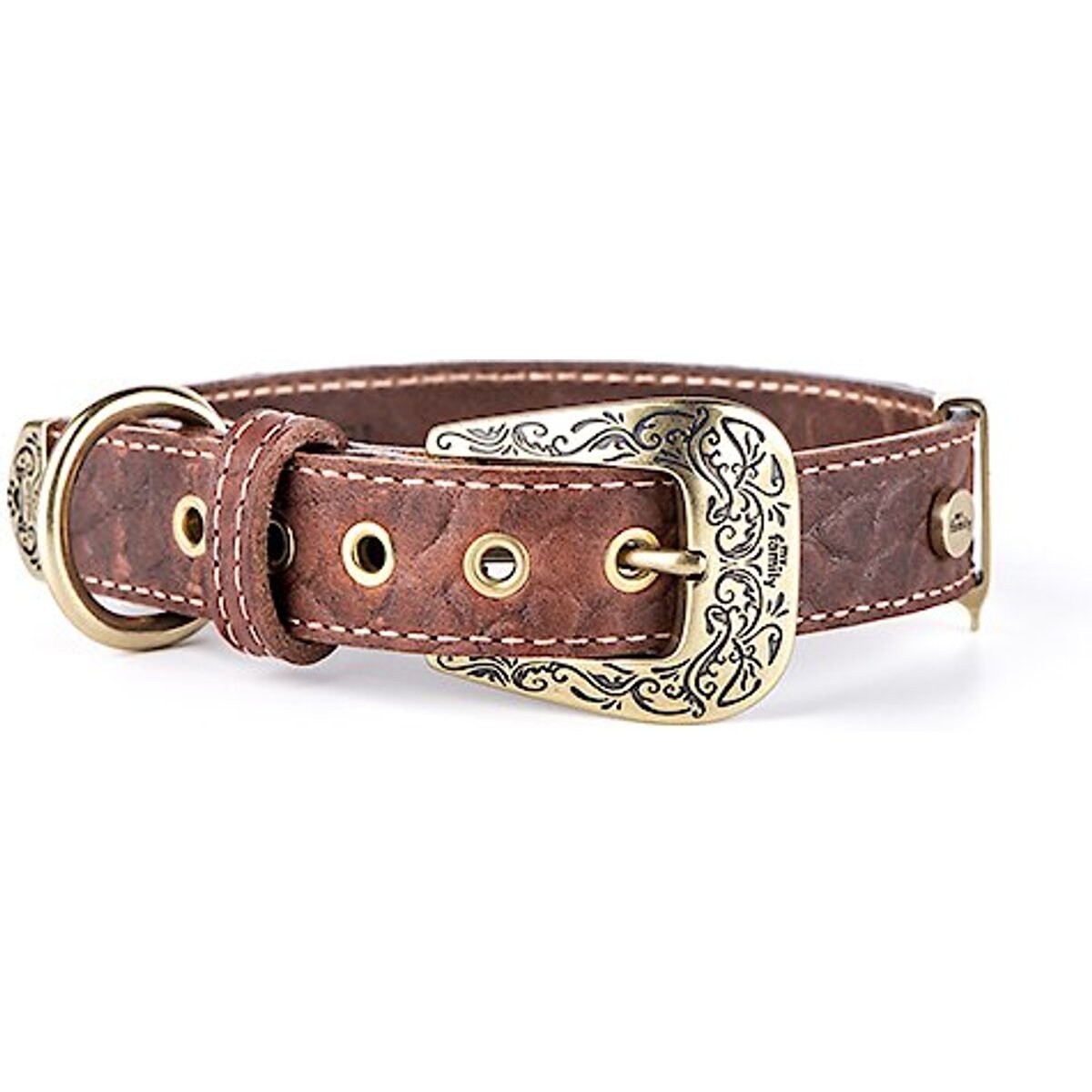 myfamily El Paso Genuine Embossed Italian Leather Dog Collar, Brown, 12-in