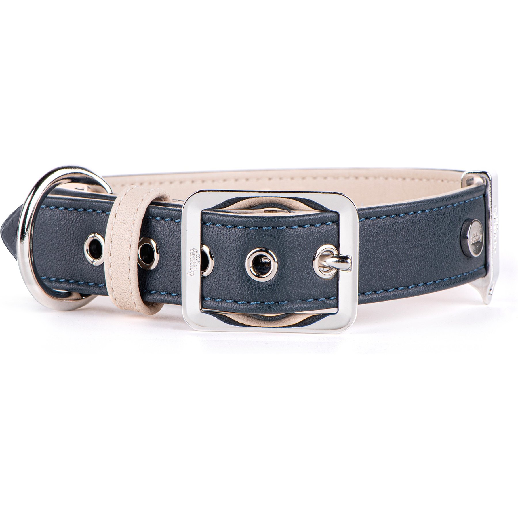 myfamily Hermitage Leather Standard Dog Collar, Blue/Beige, X-Large: 17 to 21-in neck, 1.3-in wide