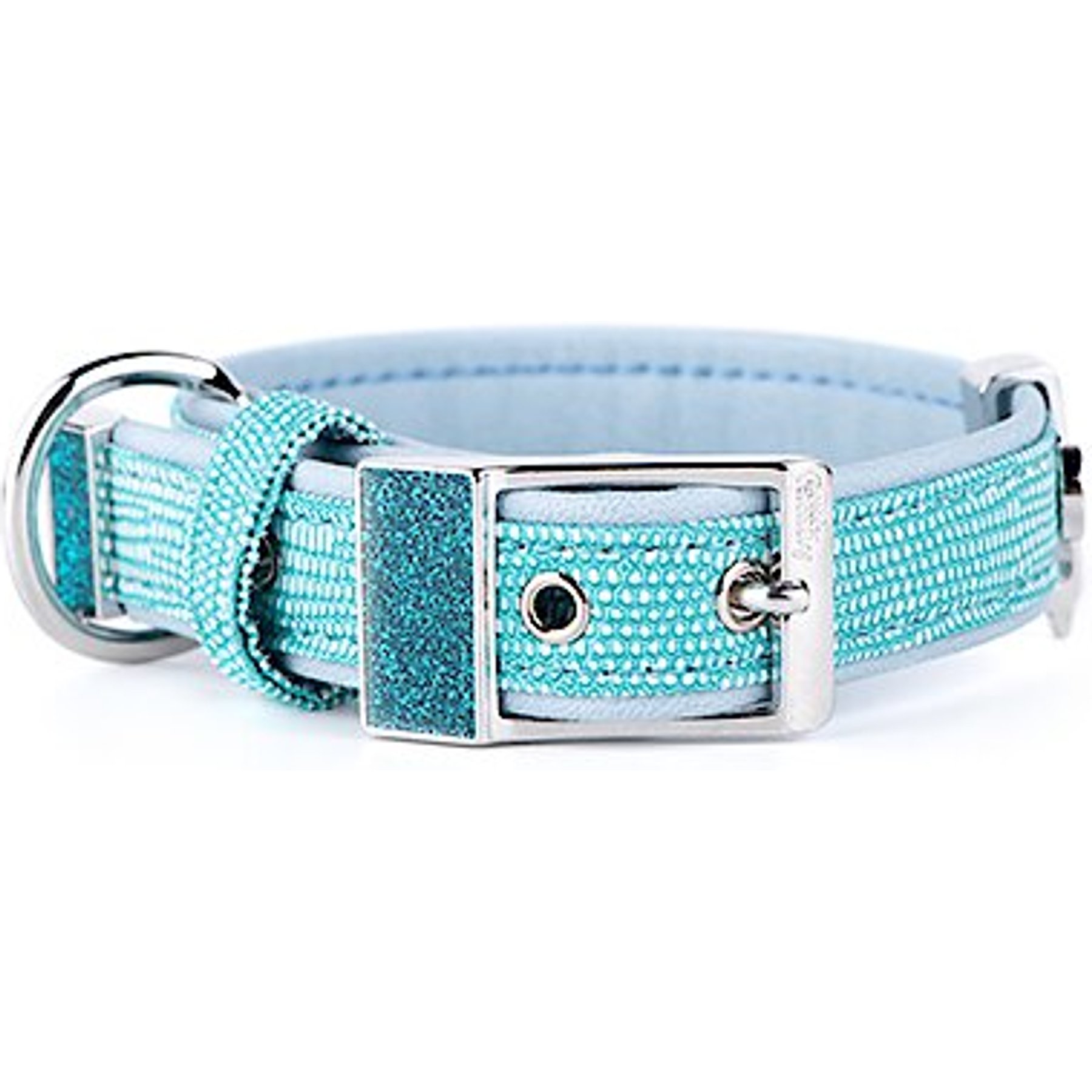 myfamily Saint Tropez Premium Italian Leatherette Glitter Dog Collar, Turquoise, 18-in