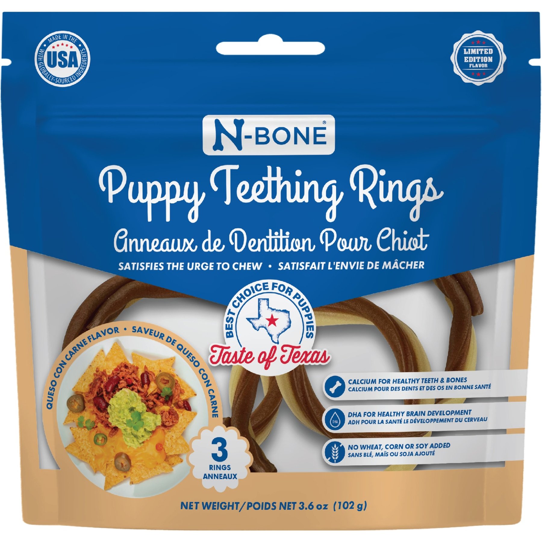 N-Bone Puppy Teething Rings Taste of Texas Queso Con Carne Flavor Dog Dental Treats, 3 count