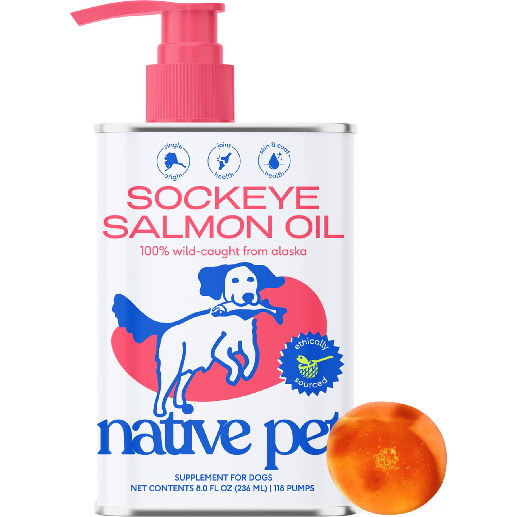 Native Pet Sockeye Salmon Oil Organic, Single-Origin, Wild Alaskan Omega-3 Fish Oil Supplement for Dogs & Cats, 8-fl oz