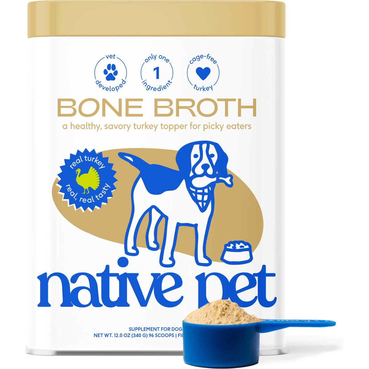 Native Pet Turkey Bone Broth Powder, Organic Human Grade Food Topper for Dogs & Cats, 12-oz jar