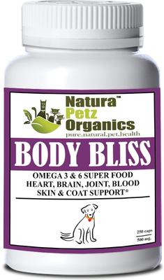 Show full view: Natura Petz Organics BODY BLISS - OMEGA 3 & 6 Super Food + Heart, Brain Joint, Blood & Coat Support* Dog Supplement, 250 count slide 1 of 5