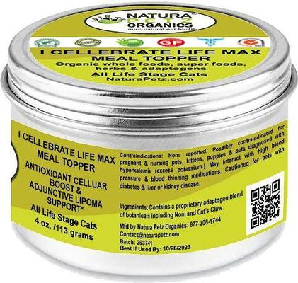 Show full view: Natura Petz Organics I CELLEBRATE LIFE MAX MEAL TOPPER- Antioxidant Cellular Boost + Adjunctive Lipoma Support* Cat Supplement, 4-oz jar slide 4 of 6