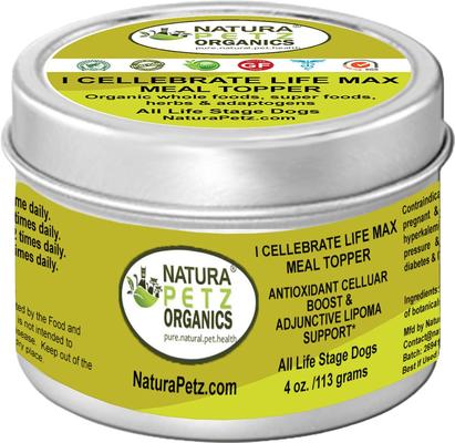 Show full view: Natura Petz Organics I CELLEBRATE LIFE MAX MEAL TOPPER- Antioxidant Cellular Boost + Adjunctive Lipoma Support* Dog Supplement, 4-oz jar slide 1 of 6
