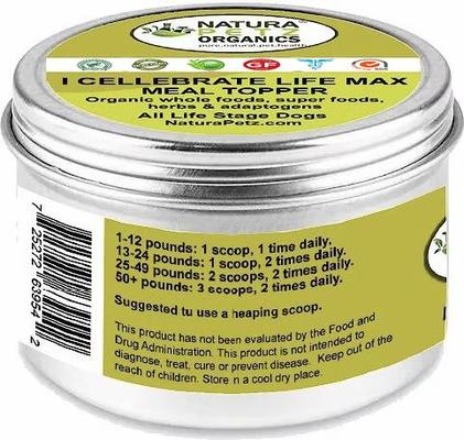 Show full view: Natura Petz Organics I CELLEBRATE LIFE MAX MEAL TOPPER- Antioxidant Cellular Boost + Adjunctive Lipoma Support* Dog Supplement, 4-oz jar slide 5 of 6