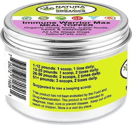 Show full view: Natura Petz Organics IMMUNE WARRIOR MAX MEAL TOPPER* MASTER BLEND Immune Regulator & Anti-Inflammatory Support* Dog Supplement, 4-oz jar slide 3 of 6