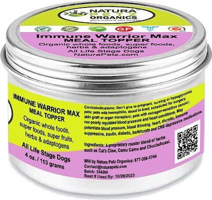Show full view: Natura Petz Organics IMMUNE WARRIOR MAX MEAL TOPPER* MASTER BLEND Immune Regulator & Anti-Inflammatory Support* Dog Supplement, 4-oz jar slide 4 of 6