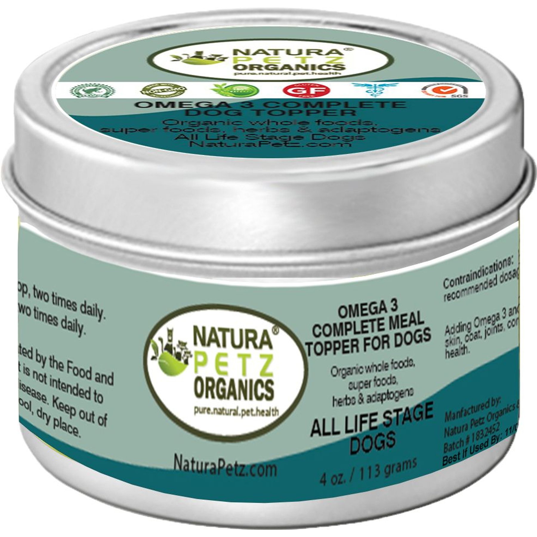 Natura Petz Organics Omega 3 & 6 Turkey Flavored Powder Skin & Coat Supplement for Dogs, 4-oz tin