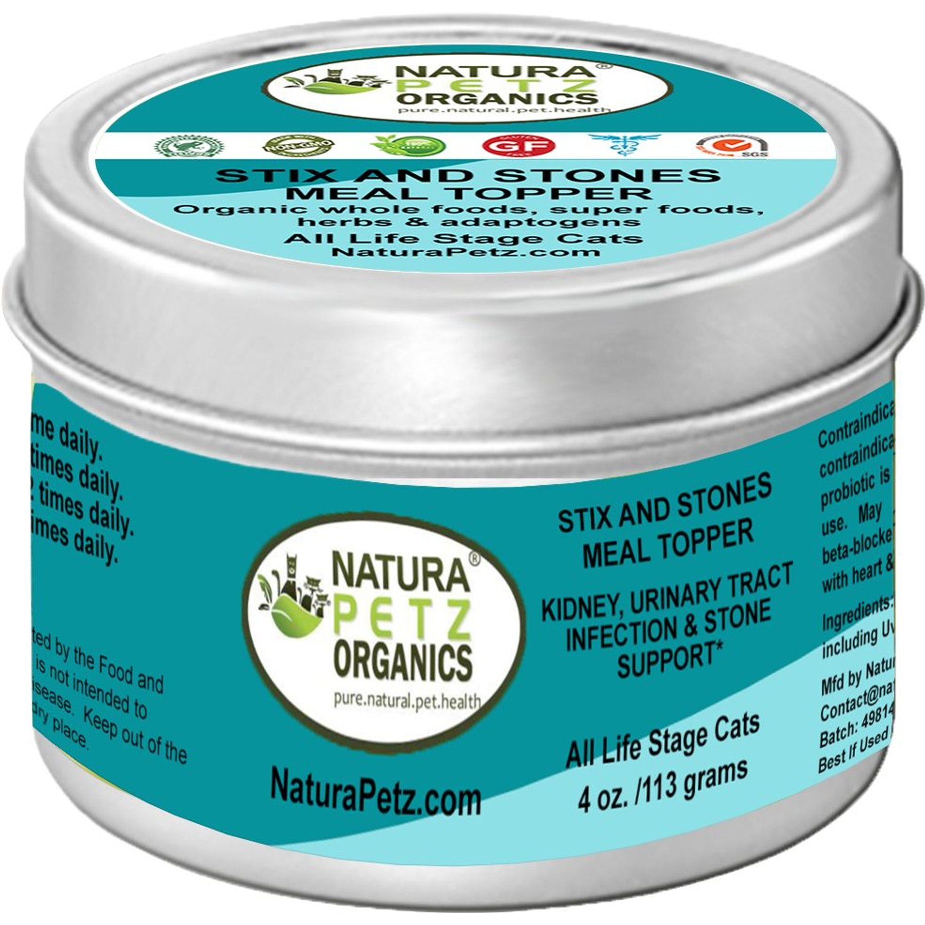 Natura Petz Organics STIX & STONES MEAL TOPPER* Kidney, Urinary Tract Infection & Stone Support* Cat Supplement, 4-oz jar