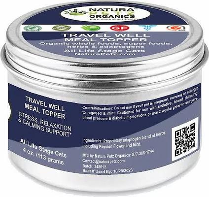 Show full view: Natura Petz Organics Travel Well Meal Topper Stress, Relaxation & Calming Support Cat Supplement, 4-oz jar slide 5 of 5