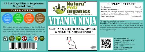 Show full view: Natura Petz Organics VITAMIN NINJA - OMEGA 3 & 6, Super Food, Immune & Multi-Vitamin Support Cat Supplement, 150 count slide 4 of 5