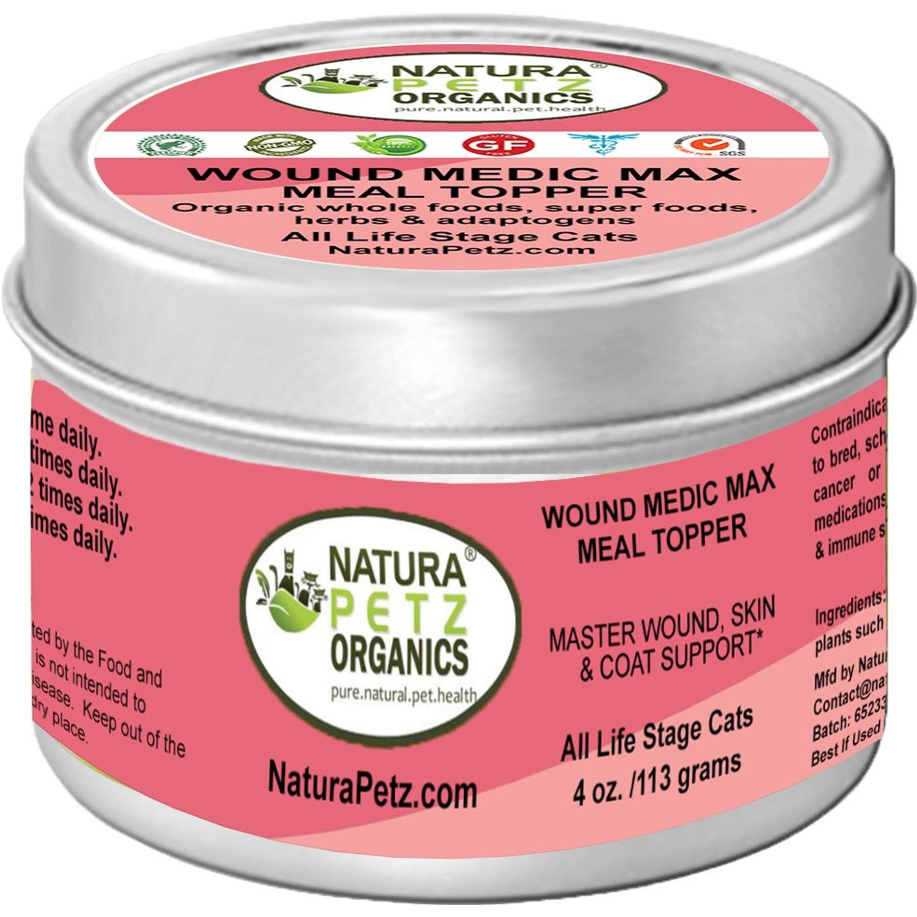 Natura Petz Organics WOUND MEDIC MAX MEAL TOPPER* Master Wound, Skin & Coat Support* Cat Supplement, 4-oz jar