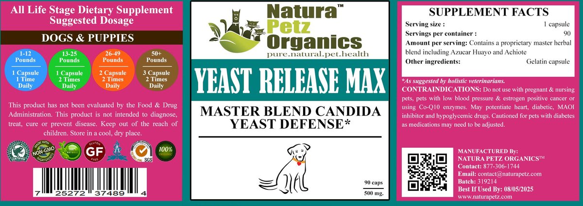 Natura Petz Organics YEAST RELEASE MAX * Master Blend Candida Yeast Defense Support* Dog Supplement