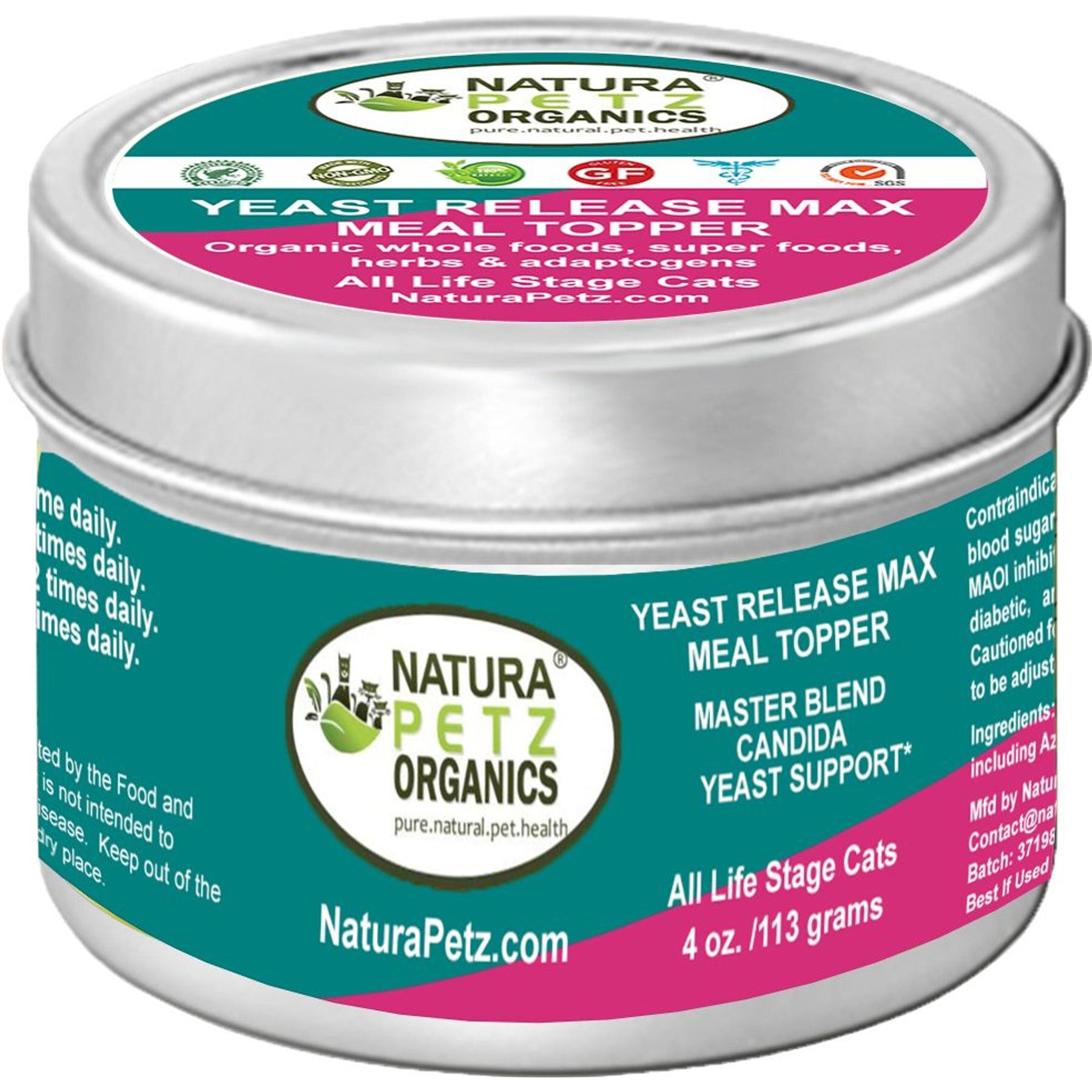 Natura Petz Organics YEAST RELEASE MAX MEAL TOPPER* Master Blend Candida Yeast Defense Support* Cat Supplement, 4-oz jar