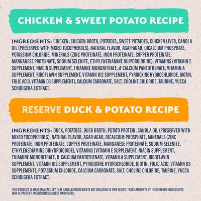 Show full view: Natural Balance Limited Ingredient Poultry Variety Pack Reserve Duck & Potato & Chicken & Sweet Potato Wet Dog Food, 13-oz can, case of 12 slide 6 of 10
