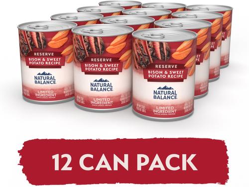 Show full view: Natural Balance Limited Ingredient Reserve Bison & Sweet Potato Recipe Wet Dog Food, 13-oz can, case of 12 slide 5 of 11
