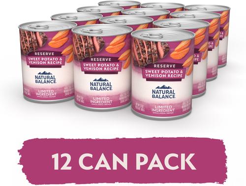 Show full view: Natural Balance Limited Ingredient Reserve Sweet Potato & Venison Recipe Wet Dog Food, 13-oz can, case of 12 slide 5 of 9