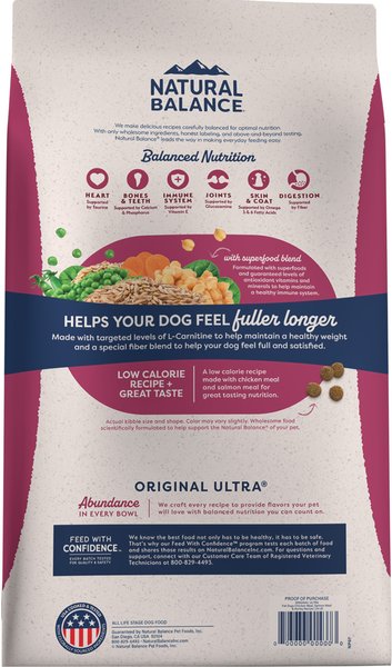 Show full view: Natural Balance Original Ultra Fat Dogs Adult Low-Fat Chicken Meal, Salmon Meal & Barley Recipe Dry Dog Food, 11-lb bag slide 3 of 7