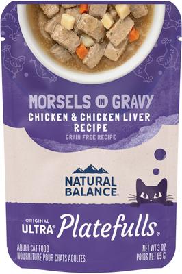 Show full view: Natural Balance Platefulls Indoor Formula Chicken & Chicken Liver in Gravy Grain-Free Cat Food Pouches, 3-oz pouch, case of 24 slide 1 of 11