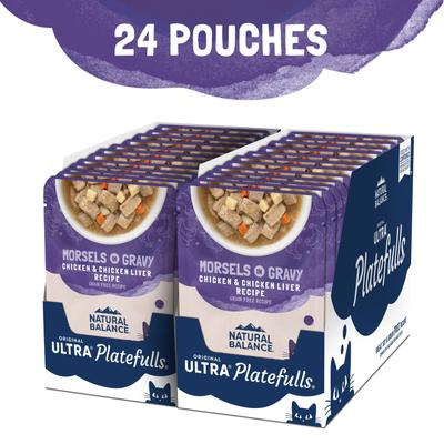 Show full view: Natural Balance Platefulls Indoor Formula Chicken & Chicken Liver in Gravy Grain-Free Cat Food Pouches, 3-oz pouch, case of 24 slide 5 of 11