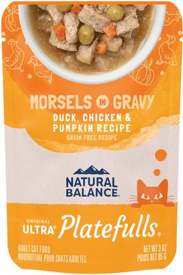 Show full view: Natural Balance Platefulls Indoor Formula Duck, Chicken & Pumpkin Formula in Gravy Grain-Free Cat Food Pouches, 3-oz pouch, case of 24 slide 1 of 11