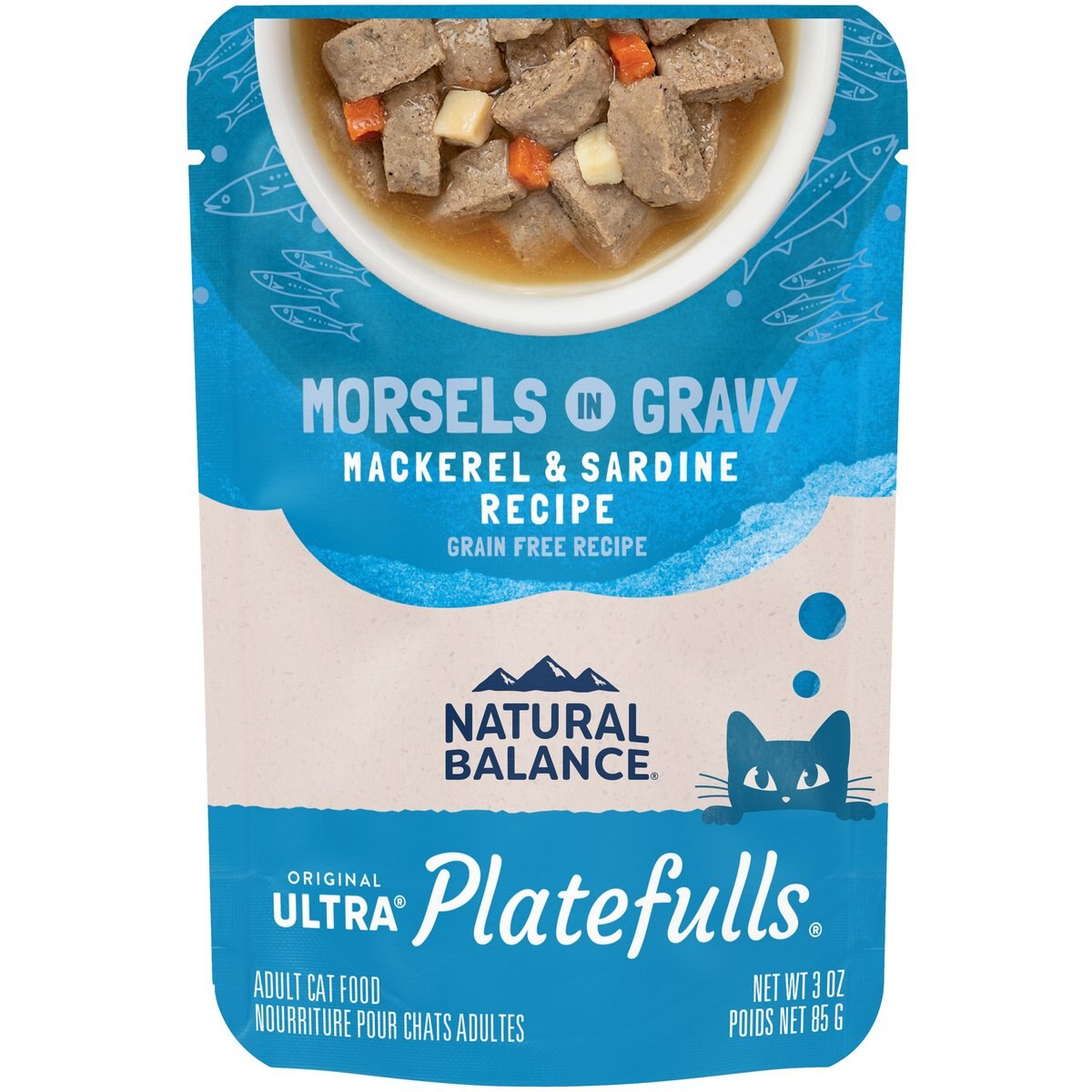 Natural Balance Original Ultra Platefulls Indoor Formula Mackerel & Sardine in Gravy Grain-Free Cat Food Pouches, 3-oz pouch, case of 24