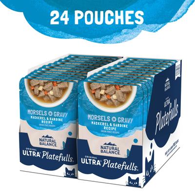 Show full view: Natural Balance Platefulls Indoor Formula Mackerel & Sardine in Gravy Grain-Free Cat Food Pouches, 3-oz pouch, case of 24 slide 5 of 11