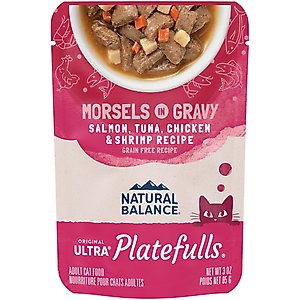 Natural Balance Platefulls Indoor Formula Salmon, Tuna, Chicken & Shrimp in Gravy Grain-Free Cat Food Pouches, 3-oz pouch, case of 24