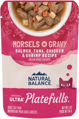 Show full view: Natural Balance Platefulls Indoor Formula Salmon, Tuna, Chicken & Shrimp in Gravy Grain-Free Cat Food Pouches, 3-oz pouch, case of 24 slide 1 of 11