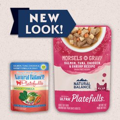 Natural Balance Platefulls Indoor Formula Salmon, Tuna, Chicken & Shrimp in Gravy Grain-Free Cat Food Pouches, 3-oz pouch, case of 24 slide 2 of 9