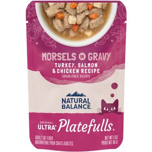 Natural Balance Platefulls Indoor Formula Turkey, Salmon & Chicken in Gravy Grain-Free Cat Food Pouches, 3-oz pouch, case of 24