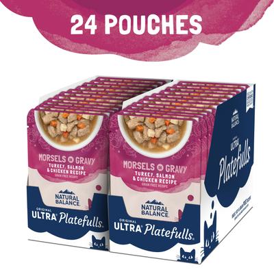Show full view: Natural Balance Platefulls Indoor Formula Turkey, Salmon & Chicken in Gravy Grain-Free Cat Food Pouches, 3-oz pouch, case of 24 slide 5 of 11