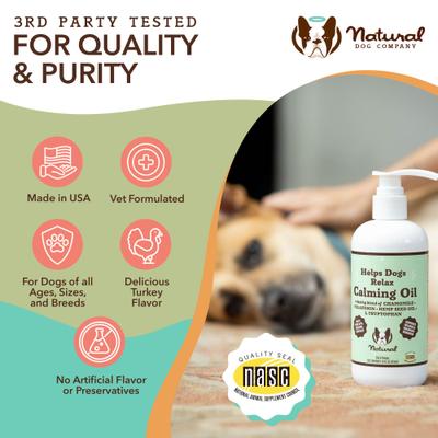 Show full view: Natural Dog Company Calming Hemp Oil Peanut Butter & Bacon Flavored Supplement for Dogs, 16-fl oz bottle slide 9 of 11