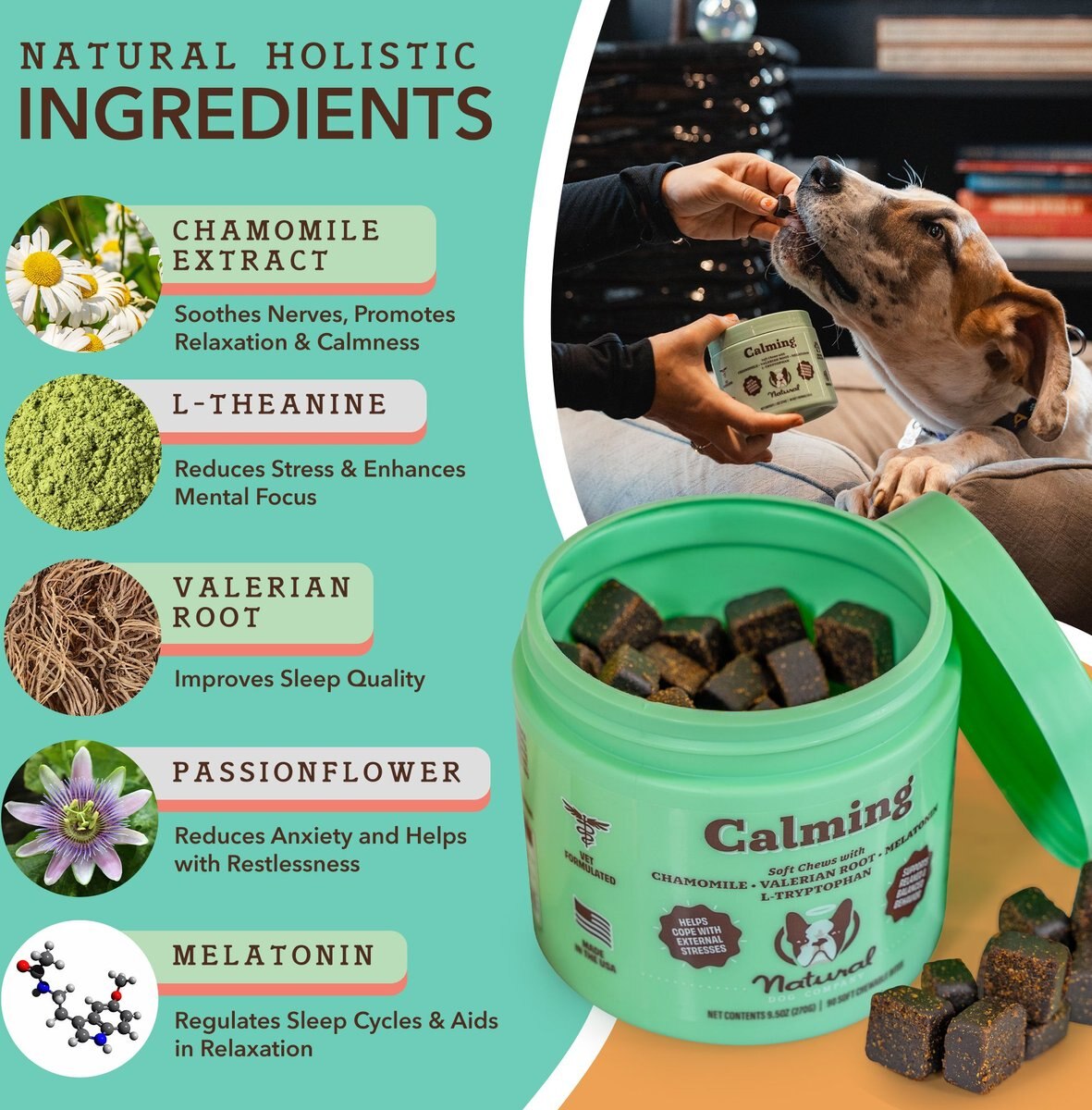 Natural Dog Company Calming Melatonin Peanut Butter & Bacon Flavored Soft Chew Supplement for Dogs, 90 count