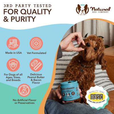 Show full view: Natural Dog Company Multivitamin Peanut Butter & Bacon Flavored Soft Chew Supplement for Dogs, 90 count slide 8 of 11