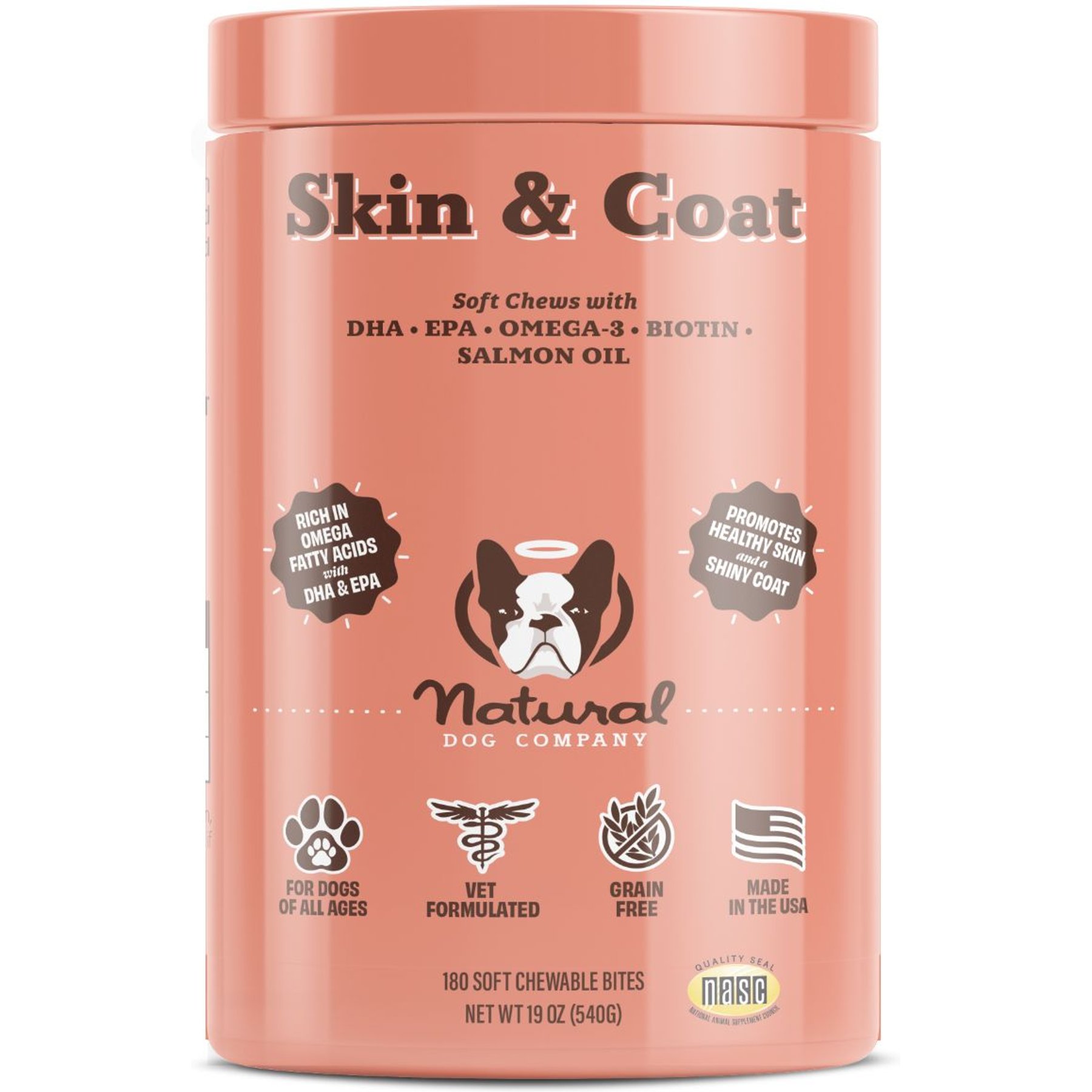 Natural Dog Company Skin & Coat Omega-3 Salmon & Pea Flavored Soft Chew Supplement for Dogs, 180 count