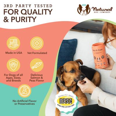 Show full view: Natural Dog Company Skin & Coat Omega-3 Salmon & Pea Flavored Soft Chew Supplement for Dogs, 180 count slide 7 of 10