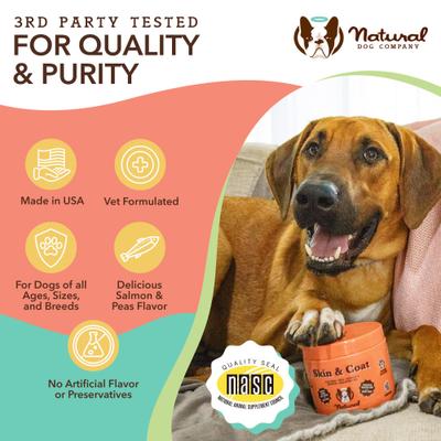 Show full view: Natural Dog Company Skin & Coat Omega-3 Salmon & Pea Flavored Soft Chew Supplement for Dogs, 90 count slide 8 of 11