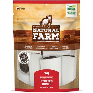 Natural Farm 3 to 4-inch Sweet Potato Flavor Stuffed Dog Bones, 6 count