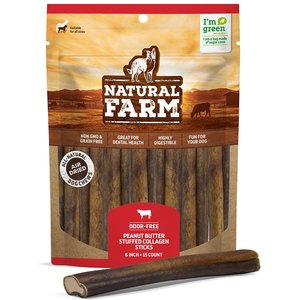 Natural Farm Peanut Butter Flavor Stuffed Collagen Sticks Dog Treats, 6-in, 15 count