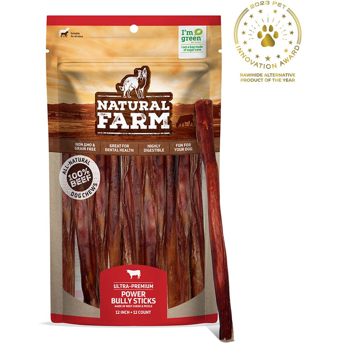 Natural Farm Power Beef Bully Sticks Dog Treats, 12-in, 12 count