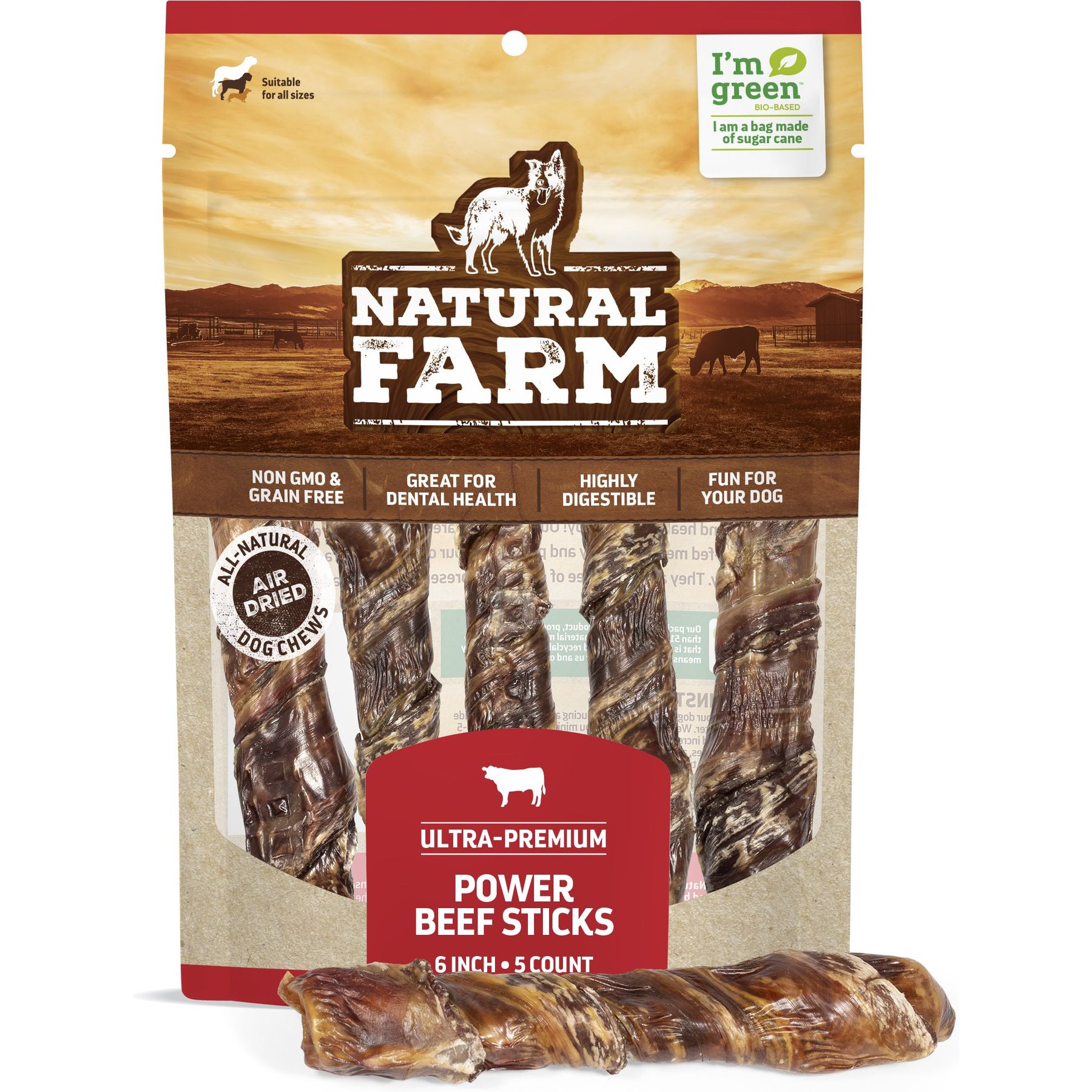 Natural Farm Power Beef Bully Sticks Dog Treats, 6-in, 5 count