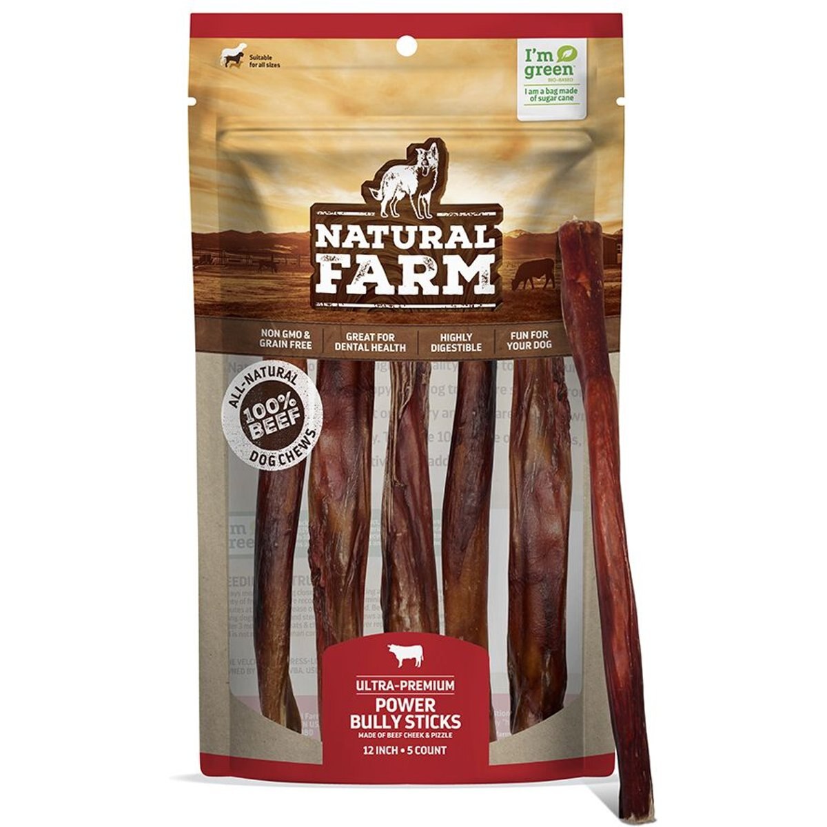 Natural Farm Power Bully Sticks Dog Treats, 12-in, 5 count