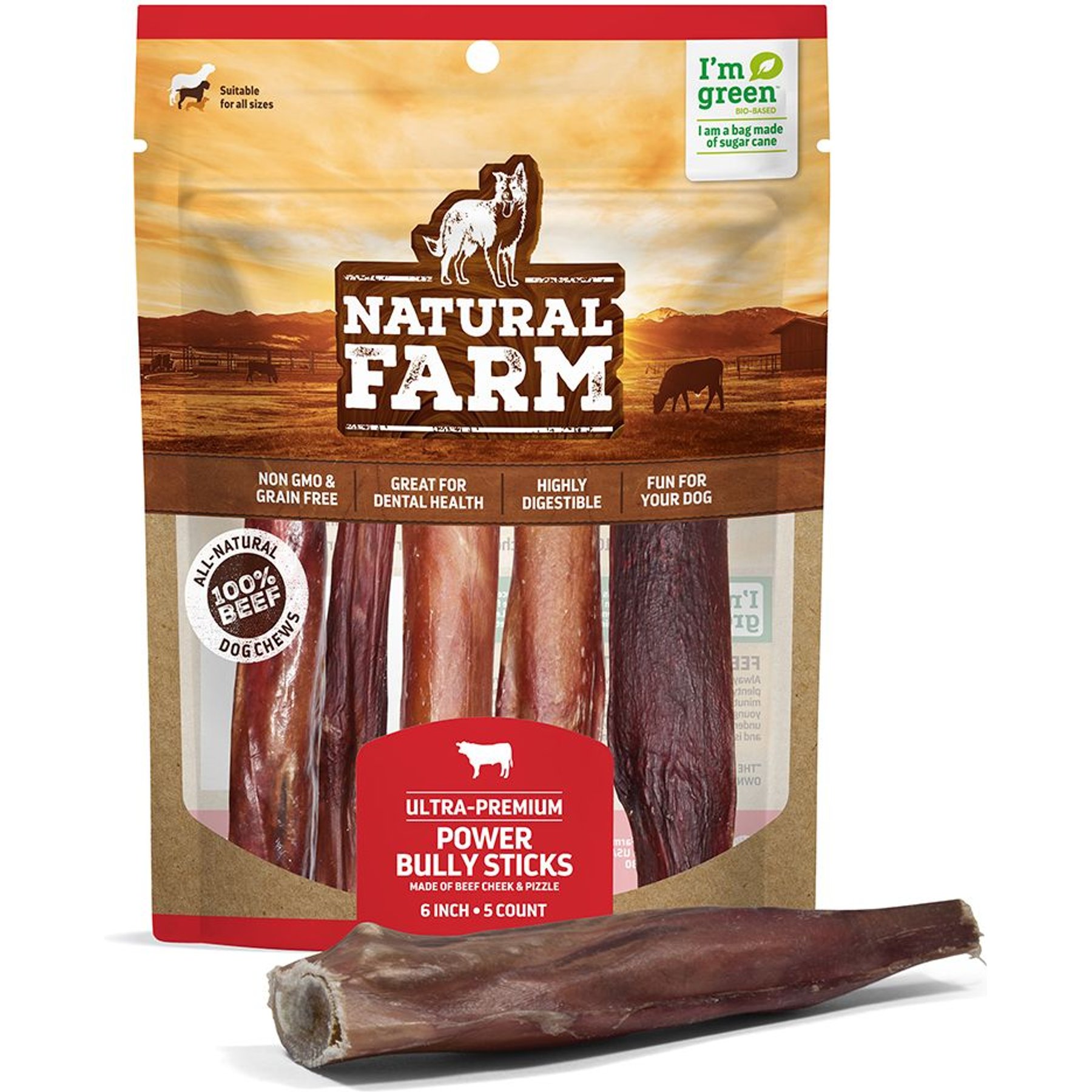 Natural Farm Power Bully Sticks Dog Treats, 6-in, 5 count