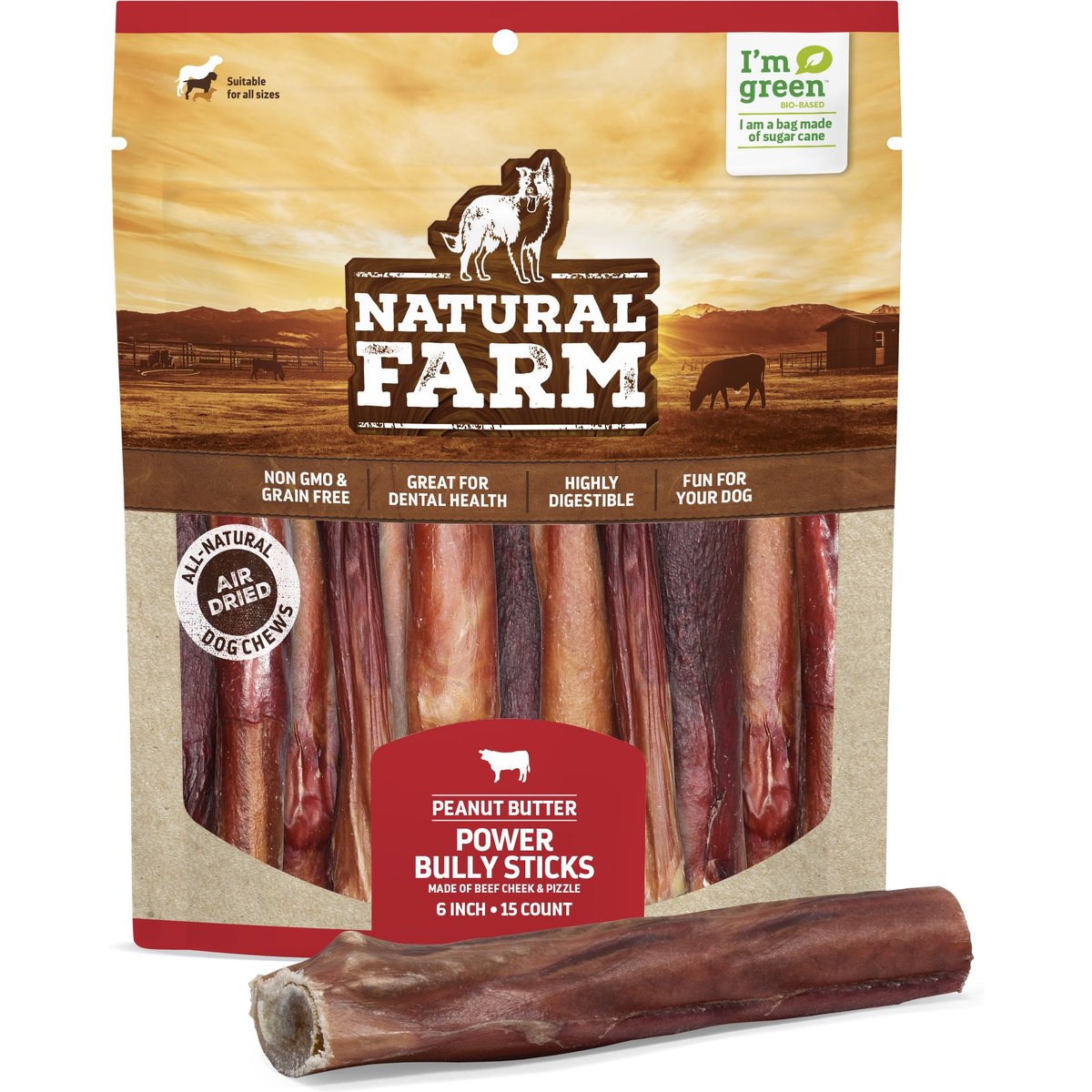 Natural Farm Power Peanut Butter Bully Sticks Dog Treats, 6-in, 15 count
