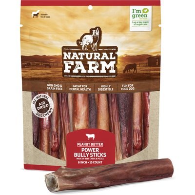 Natural Farm Natural Farm Power Peanut Butter Bully Sticks Dog Treats, 6-in, 15 count