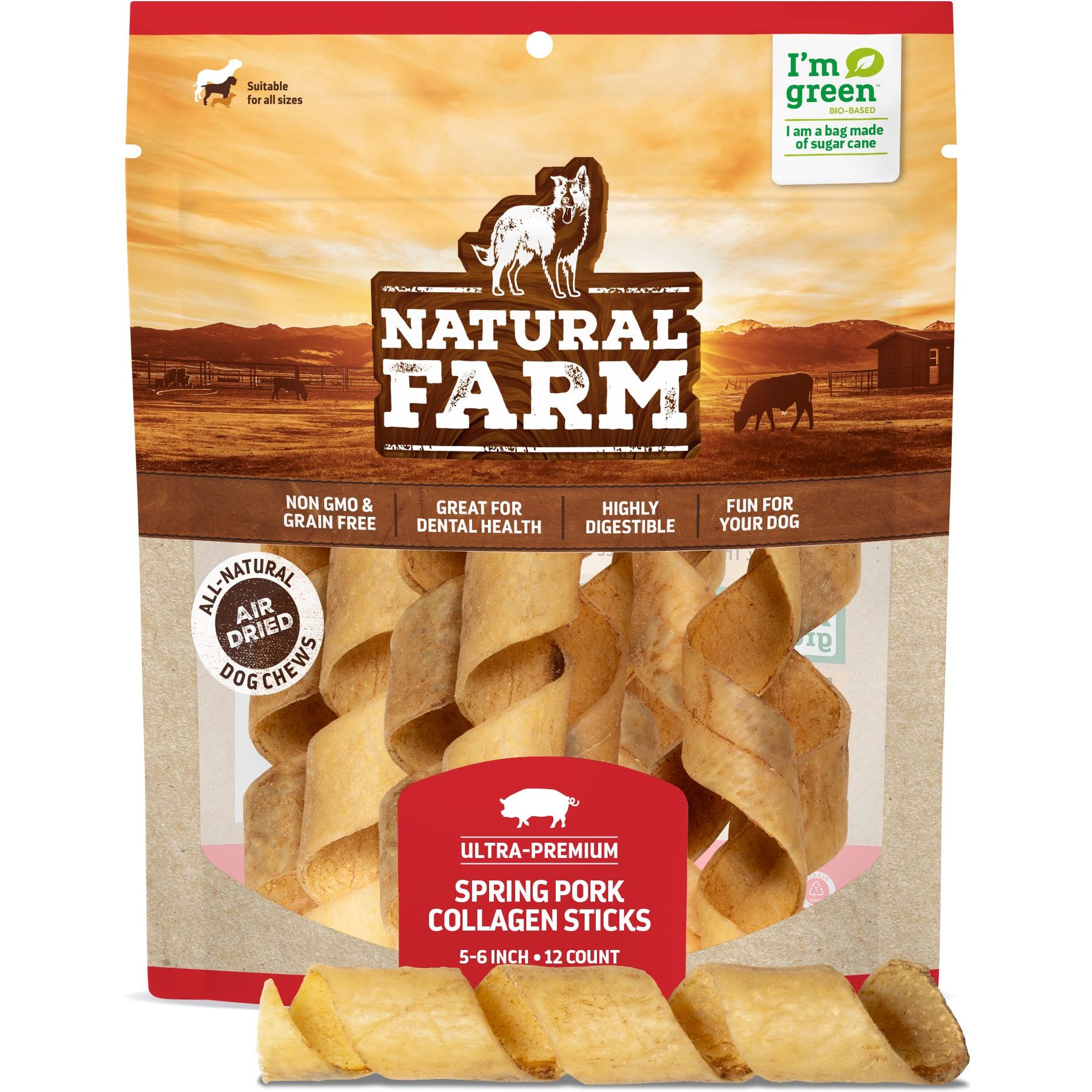 Natural Farm Spring Pork 5 to 6-in Collagen Sticks Dog Treats, 12 count