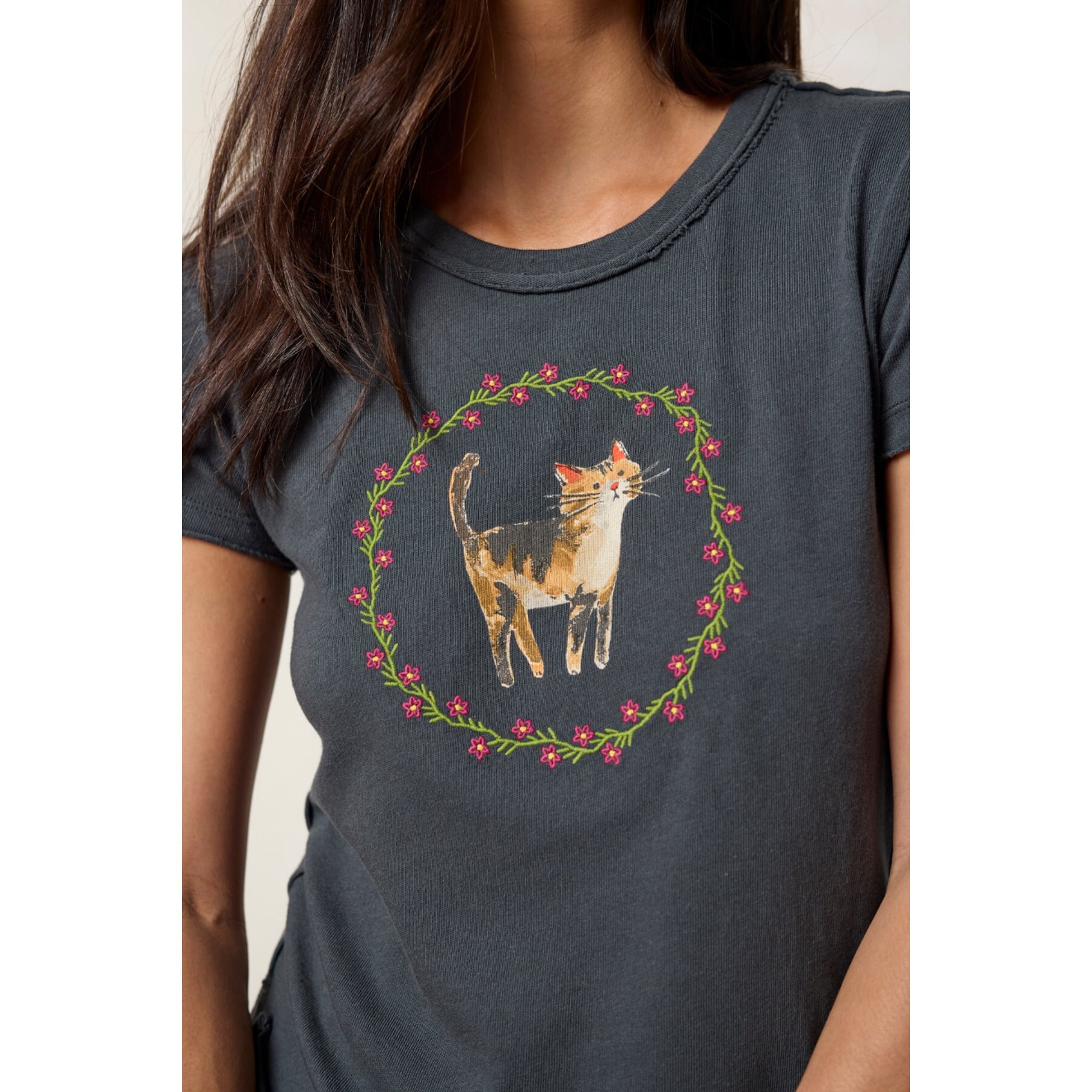 Natural Life Printed Cat Embroidered Baby Tee, Charcoal, X-Large